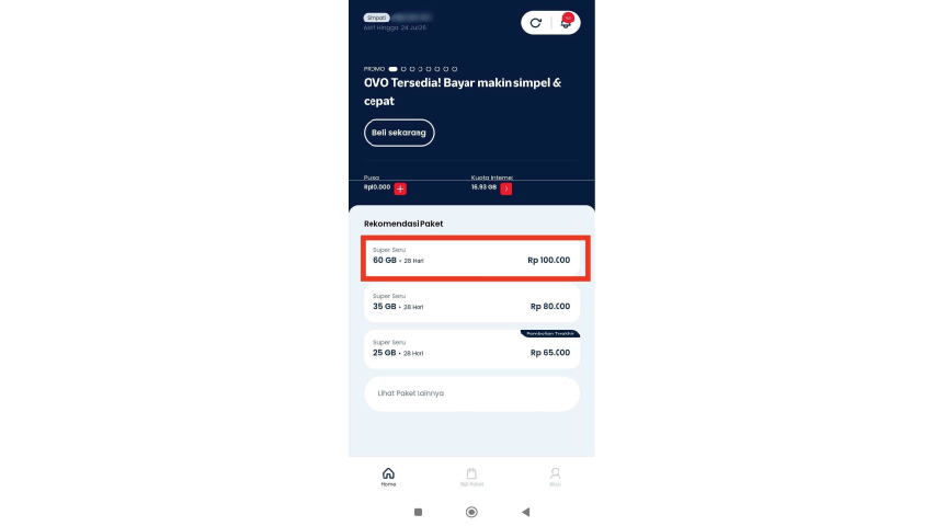 Cari dan pilih paket di menu Home