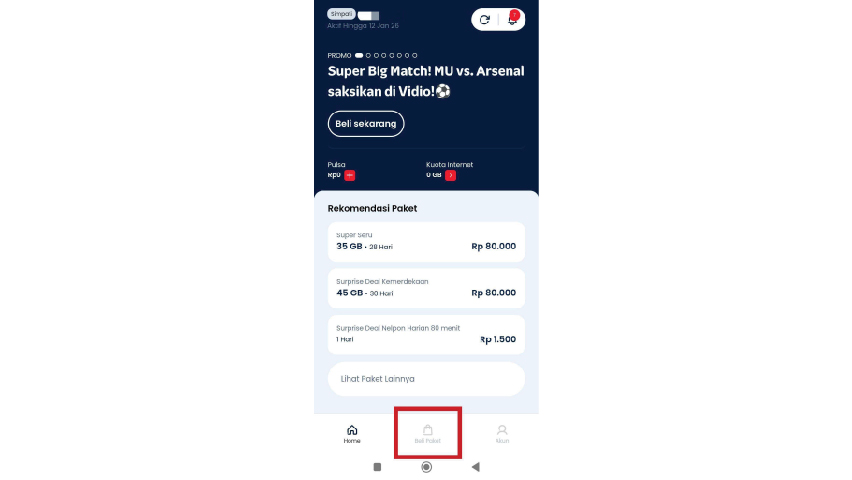 Pada halaman Home, klik menu Beli Paket