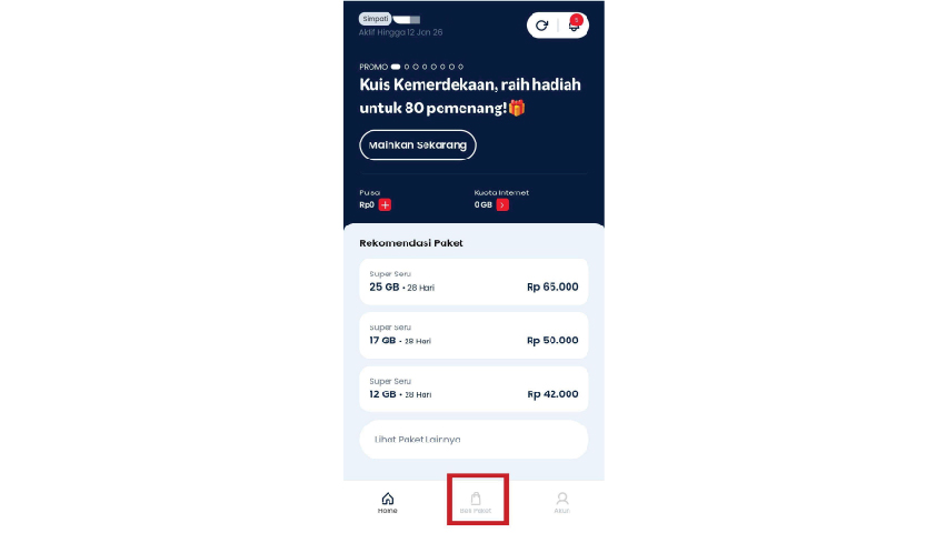 Dari halaman Home, klik tombol menu Beli Paket