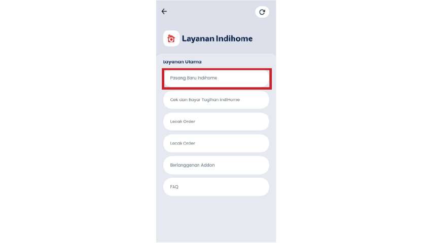 Pada halaman Layanan IndiHome, pilih opsi Pasang Baru IndiHome