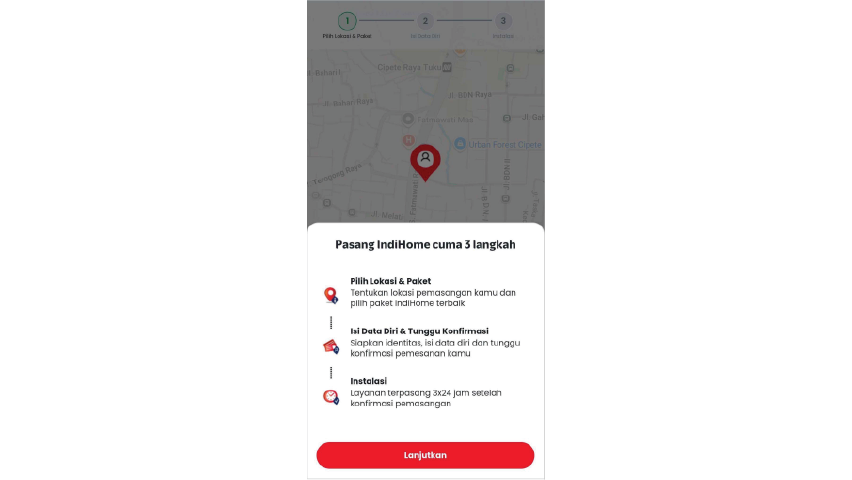 Notifikasi 3 langkah pasang baru IndiHome akan muncul di layar aplikasi