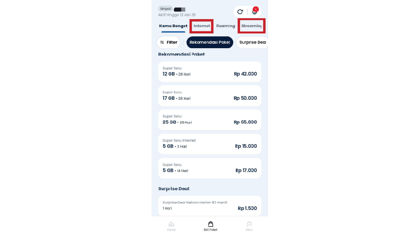 Klik tab Internet atau Streaming sebagai tombol shortcut