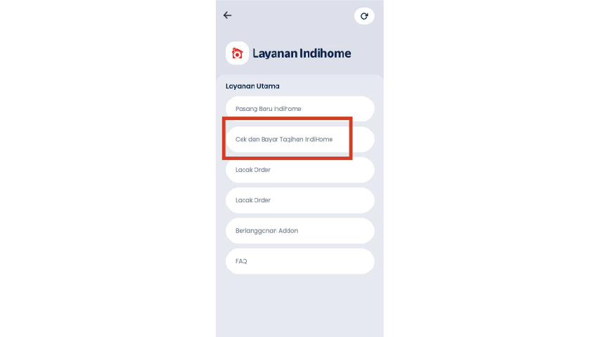 Pada halaman Layanan IndiHome, klik Cek dan Bayar Tagihan IndiHome