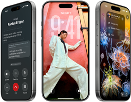 3 model iPhone 17 Pro, eksterior depan, berdampingan, menunjukkan iOS 26, efek liquid glass, dan fitur Apple Intelligence