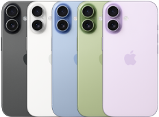 iPhone 17, eksterior belakang, sistem kamera ganda Fusion, semua lima warna tumpang tindih: Hitam, Putih, Hijau Sage, Biru Kabut, dan Lavender