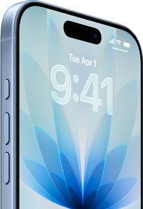 iPhone 17, eksterior depan, warna Biru Kabut, Dynamic Island di tengah, tombol: tombol Tindakan, volume