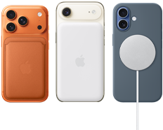 iPhone 17 Pro, eksterior belakang, warna Oranye Kosmik, dengan Dompet FineWoven dengan MagSafe dalam warna Oranye Rubah; iPhone Air, eksterior belakang, warna Putih Awan, dengan Baterai MagSafe; iPhone 17, eksterior belakang, warna Biru Kabut, dengan Casing Silikon warna Biru Jangkar dan Pengisi Daya MagSafe