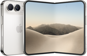 iPhone [V68], eksterior belakang dilipat, warna [L8], sistem kamera Dual Fusion di kiri atas, logo Apple di tengah. Layar interior tidak dilipat, desain layar menyeluruh, sudut melengkung