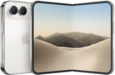 iPhone [V68], eksterior belakang dilipat, warna [L8], sistem kamera Dual Fusion di kiri atas, logo Apple di tengah. Layar interior tidak dilipat, desain layar menyeluruh, sudut melengkung
